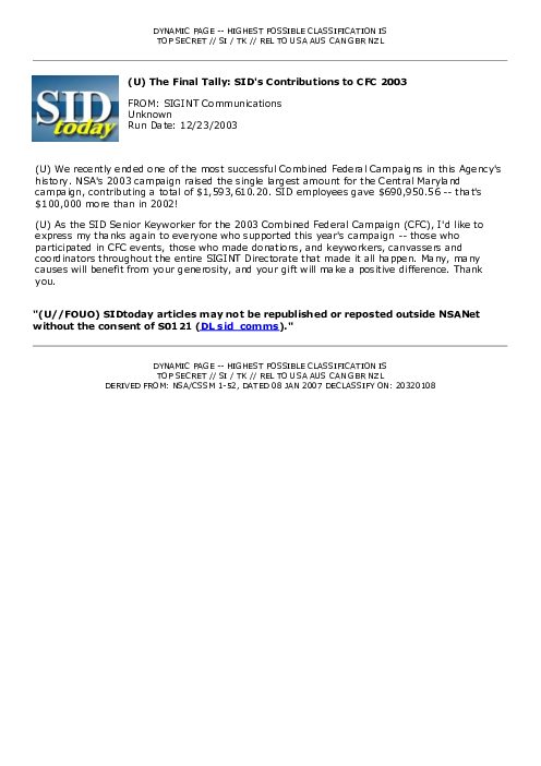 2003-12-23 SIDToday - The Final Tally SIDs Contributions to CFC 2003