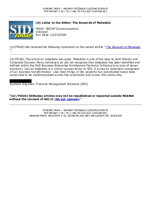 2003-12-23 SIDToday - Letter to the Editor The Rewards of Metadata