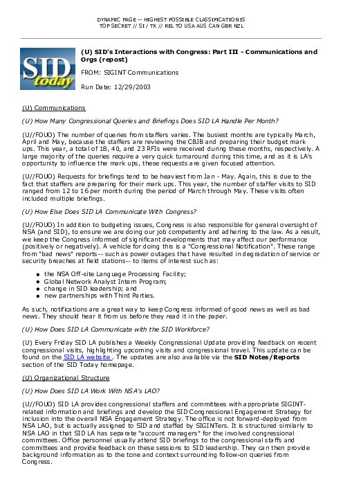 2003-12-29 SIDToday - SIDs Interactions with Congress Part III - Communications and Orgs repost