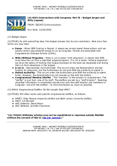 2003-12-29 SIDToday - SIDs Interactions with Congress Part II - Budget Jargon and RFIs repost