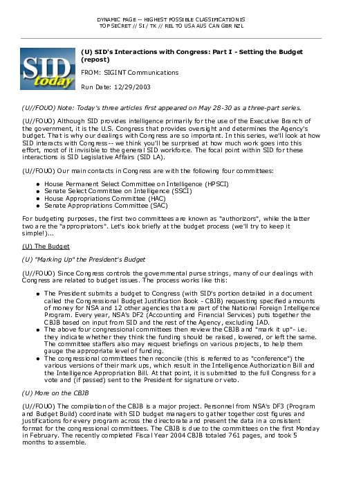 2003-12-29 SIDToday - SIDs Interactions with Congress Part I - Setting the Budget repost