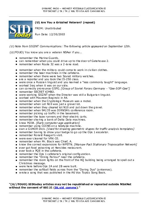 2003-12-30 SIDToday - Are You a Grizzled Veteran repost