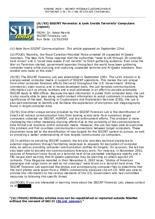 2003-12-30 SIDToday - SIGINT Forensics A Look Inside Terrorists Computers repost