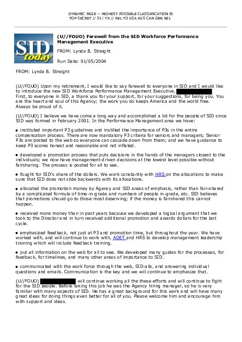 (U//FOUO) Farewell from the SID Workforce Performance Management Executive