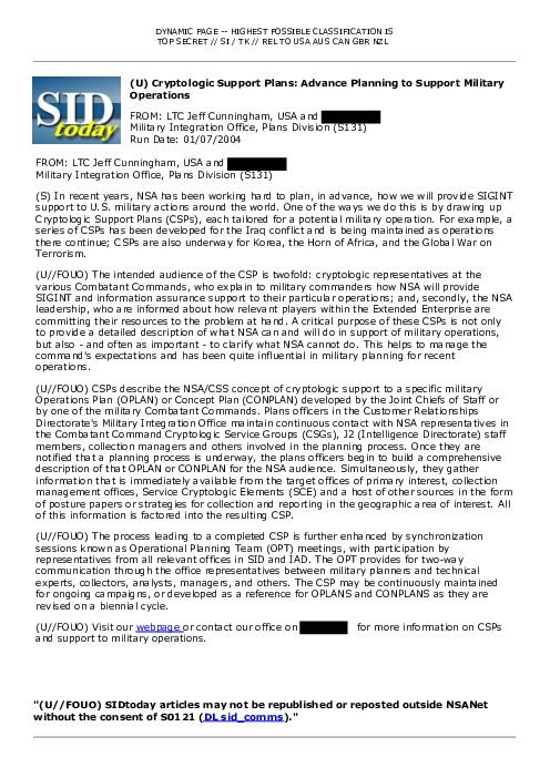 (U) Cryptologic Support Plans: Advance Planning to Support Military Operations