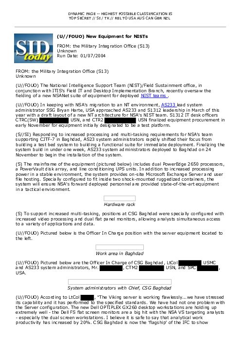 (U//FOUO) New Equipment for NISTs