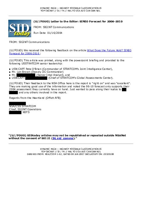(U//FOUO) Letter to the Editor: SINIO Forecast for 2006-2010