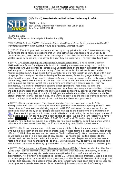 (U//FOUO) People-Related Initiatives Underway in A&amp;P