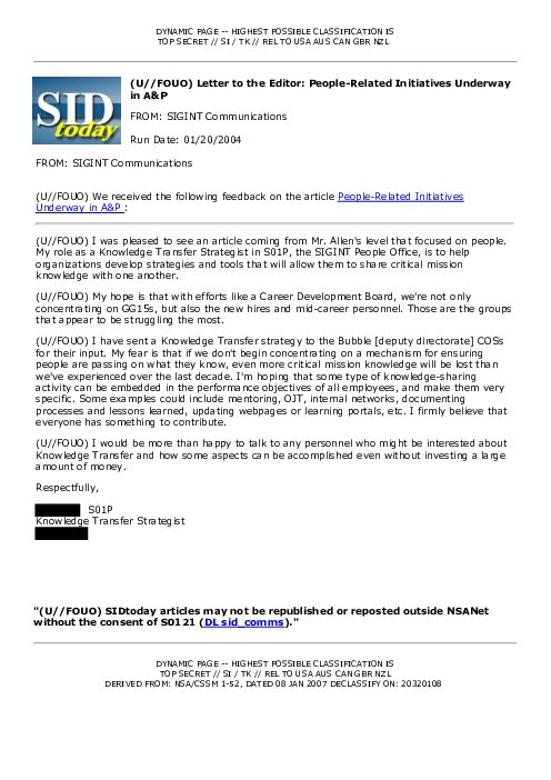 (U//FOUO) Letter to the Editor: People-Related Initiatives Underway in A&amp;P