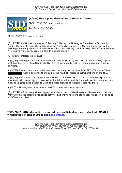 (S//SI) NSA Tipper Alerts Allies to Terrorist Threat