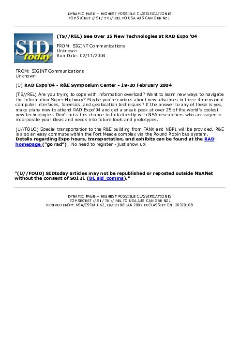 (TS//REL) See Over 25 New Technologies at RAD Expo '04