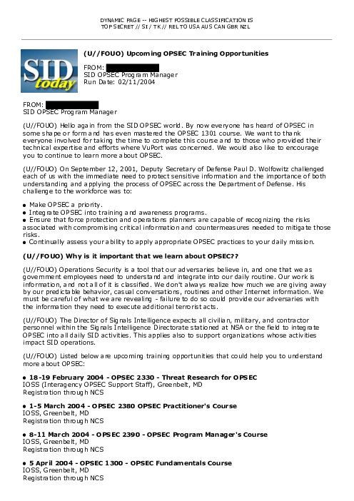 (U//FOUO) Upcoming OPSEC Training Opportunities