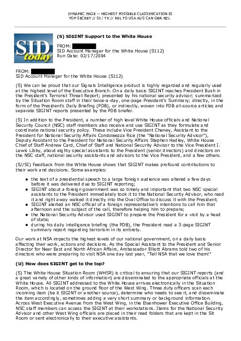 (S) SIGINT Support to the White House
