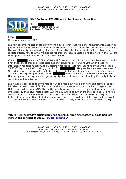 (C) NSA Trains FBI Officers in Intelligence Reporting