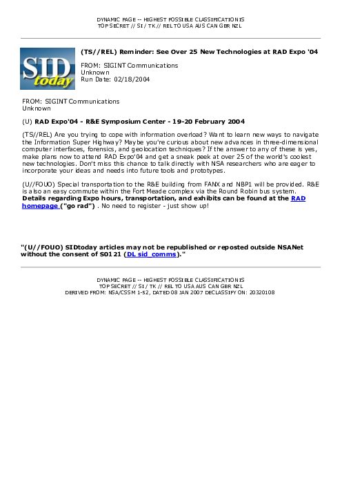 (TS//REL) Reminder: See Over 25 New Technologies at RAD Expo '04