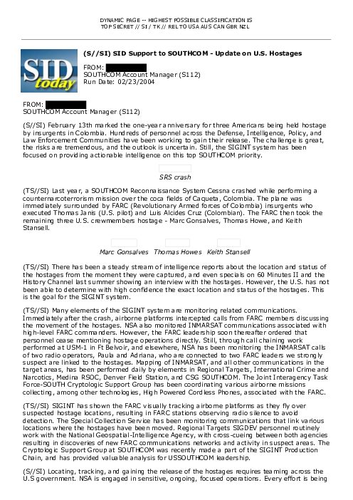 2004-02-23 SIDToday - SID Support to SOUTHCOM - Update on US Hostages