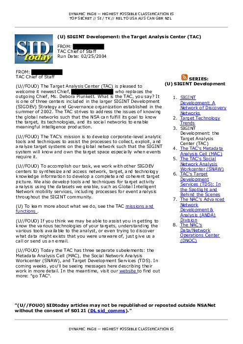 (U) SIGINT Development: the Target Analysis Center (TAC)
