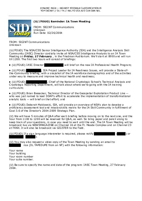 (U//FOUO) Reminder: IA Town Meeting