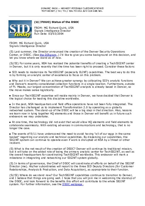 (U//FOUO) Status of the DSOC
