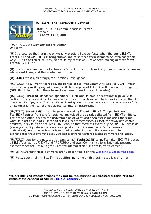 (U) ELINT and TechSIGINT Defined