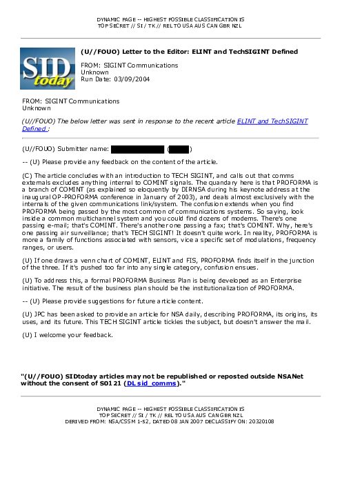 (U//FOUO) Letter to the Editor: ELINT and TechSIGINT Defined
