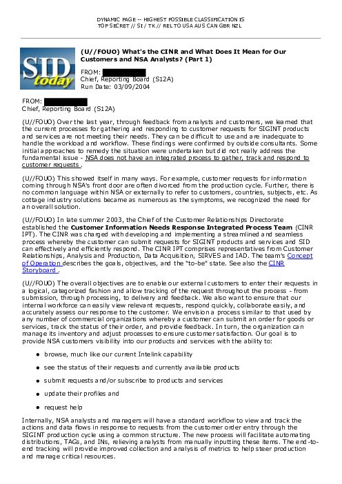 (U//FOUO) What's the CINR and What Does It Mean for Our Customers and NSA Analysts? (Part 1)