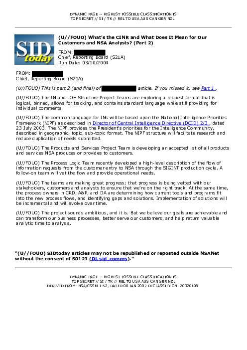 (U//FOUO) What's the CINR and What Does It Mean for Our Customers and NSA Analysts? (Part 2)