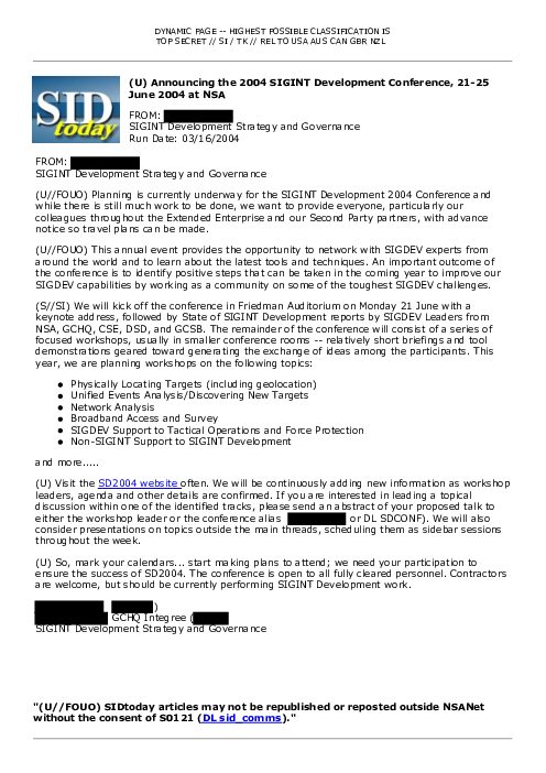(U) Announcing the 2004 SIGINT Development Conference, 21-25 June 2004 at NSA