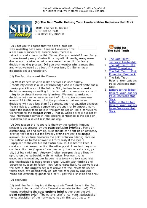 2004-03-18 SIDToday - The Bald Truth Helping Your Leaders Make Decisions that Stick