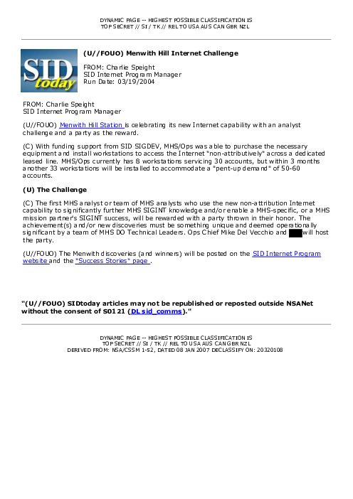 (U//FOUO) Menwith Hill Internet Challenge
