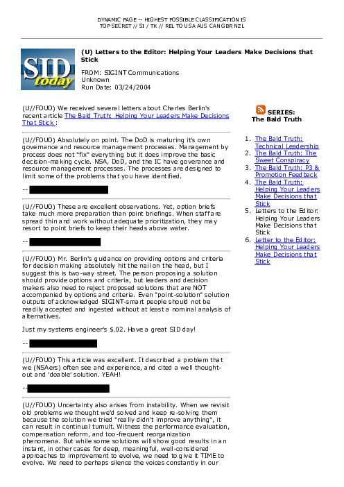 2004-03-24 SIDToday - Letters to the Editor Helping Your Leaders Make Decisions that Stick