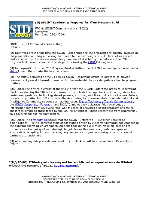 (U) SIGINT Leadership Prepares for FY06 Program Build