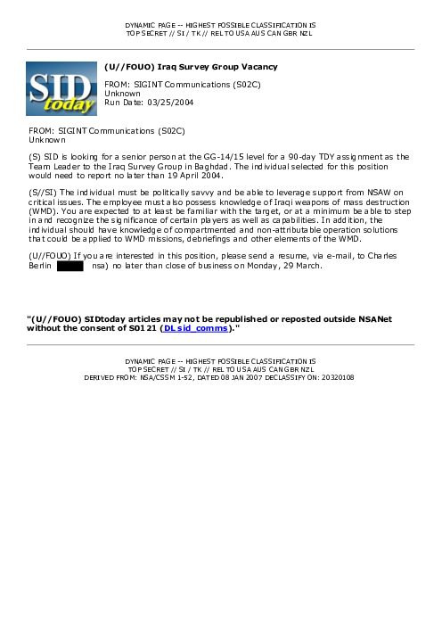 (U//FOUO) Iraq Survey Group Vacancy