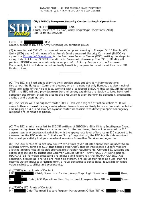 (U//FOUO) European Security Center to Begin Operations