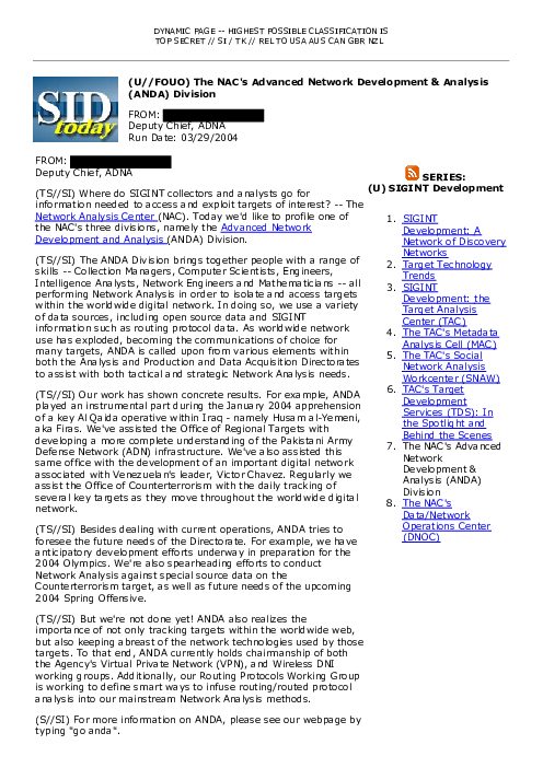 2004-03-29 SIDToday - The NACs Advanced Network Development Analysis ANDA Division