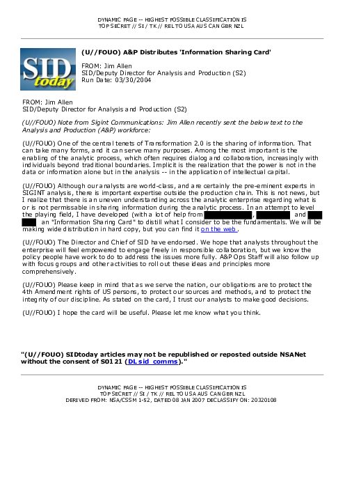 (U//FOUO) A&amp;P Distributes 'Information Sharing Card'