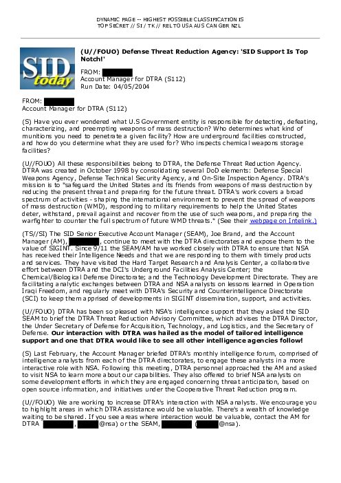 (U//FOUO) Defense Threat Reduction Agency: 'SID Support Is Top Notch!'