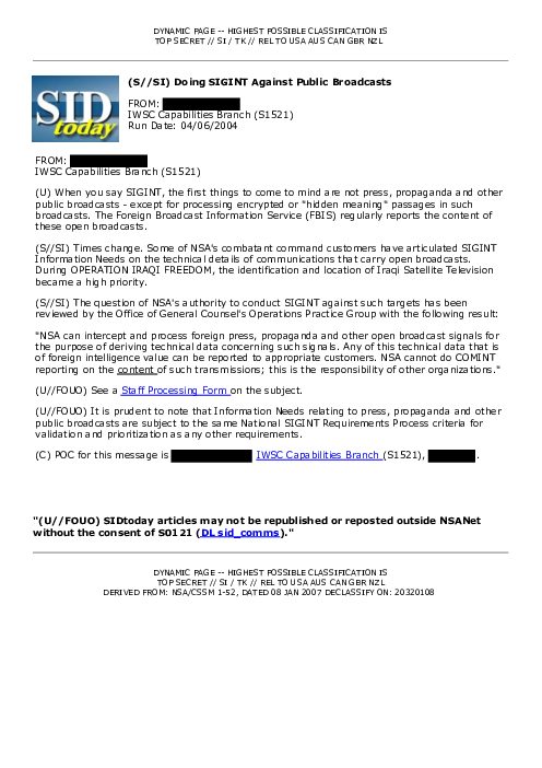 (S//SI) Doing SIGINT Against Public Broadcasts