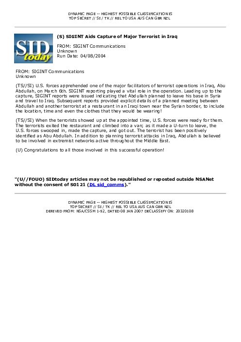 (S) SIGINT Aids Capture of Major Terrorist in Iraq