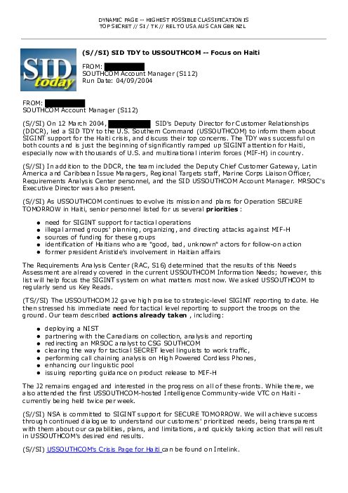 (S//SI) SID TDY to USSOUTHCOM -- Focus on Haiti