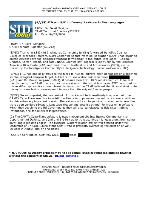 (S//SI) SID and RAD to Develop Lexicons in Five Languages