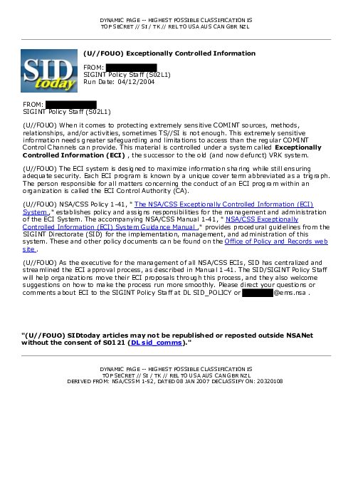 (U//FOUO) Exceptionally Controlled Information