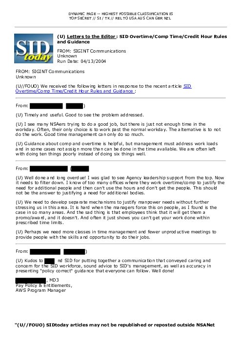 (U) <u>Letters to the Editor</u>: SID Overtime/Comp Time/Credit Hour Rules and Guidance