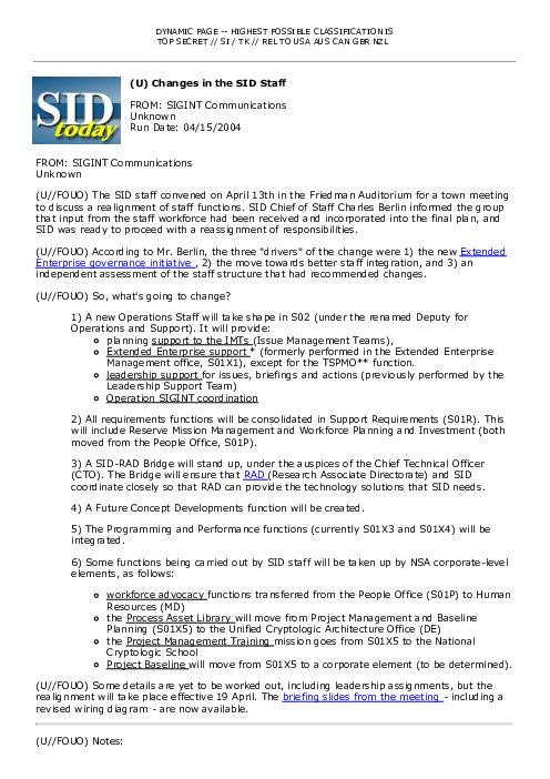 (U) Changes in the SID Staff