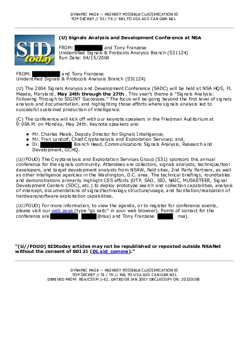 (U) Signals Analysis and Development Conference at NSA