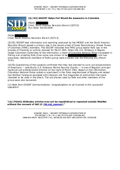 (S//SI) SIGINT Helps Foil Would-Be Assassins in Colombia