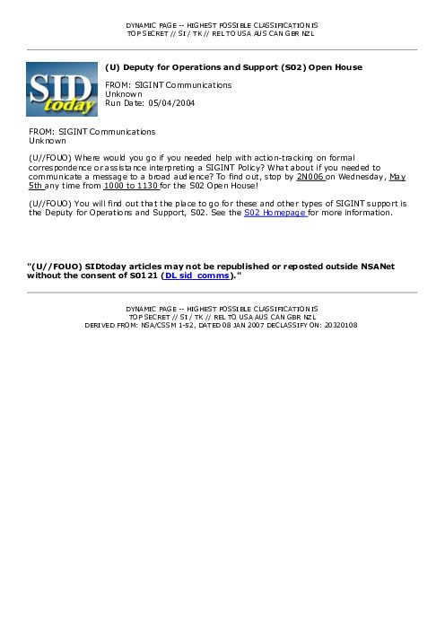 (U) Deputy for Operations and Support (S02) Open House