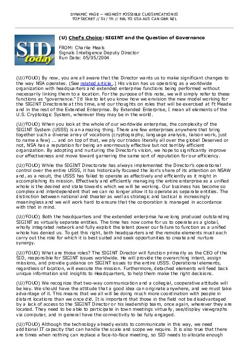 2004-05-05 SIDToday - Chefs Choice SIGINT and the Question of Governance