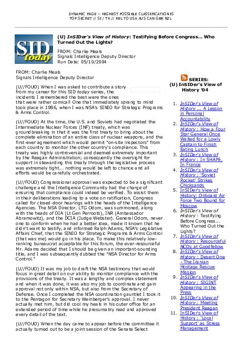 (U) <i>InSIDer's View of History</i>: Testifying Before Congress... Who Turned Out the Lights?