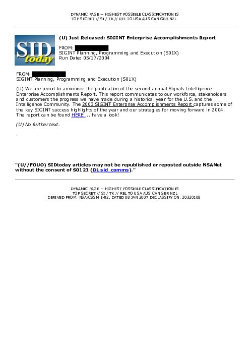 (U) Just Released: SIGINT Enterprise Accomplishments Report